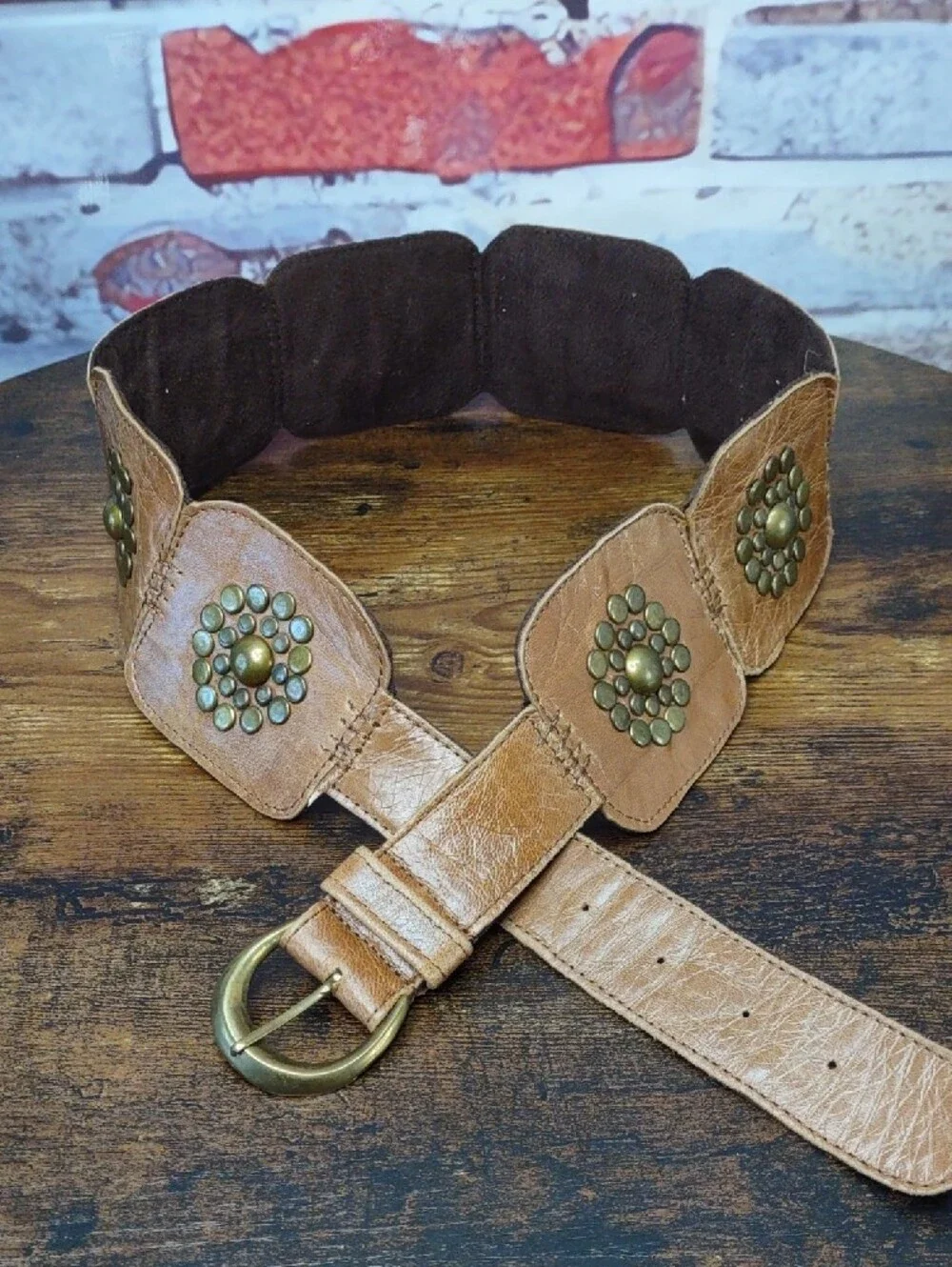 Jocasi London Leather Belt w/ Brass Stud Medallions And Buckle
